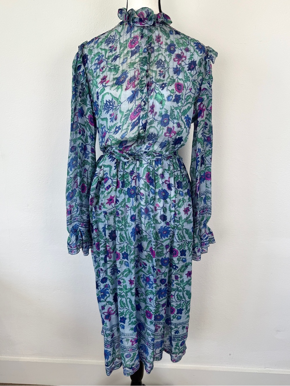 Vintage Jane Andre Blue Silk Floral Wrap Tie Midi Dress Size Small